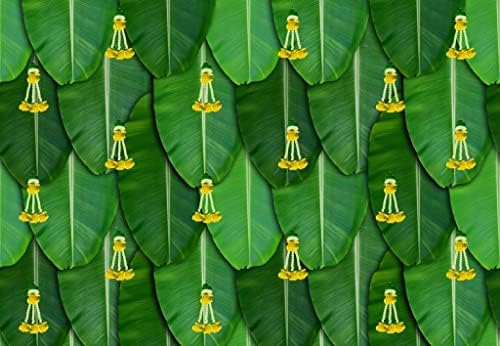 Image of Lakshmi Pooja Background | Banana Backdrop Decoration Cloth | Banana Leaves Backdrop Cloth for Decoration Pooja Yellow Flowers | Decorations Backdrop 5x8 feet | Pooja Backdrop Cloth