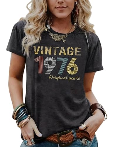 50th Birthday Gift for Women Vintage 1976 Shirts for Her Letter Print Retro BD Tops Casual Short Sleeve Tee (US, Alpha, Large, Regular, Regular, Dark Gray76001)