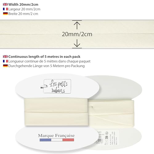 Les Petits Rubans Schrägband aus 100% Baumwolle – 20 mm breit, 5 Meter lang – Einfassung zum Nähen, Polstern, Kleidung, Decken – Ecru