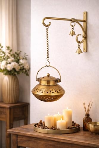 Image of Metal Degchi Style Wall Hanging Incense Holder & Dhoop Dani | Loban Burner & Tea Light Candle Holder for Pooja, Home Decor, Yoga & Meditation | Dhoop Batti Stand (5 Inch with Hook, Rose Gold)