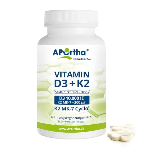 APOrtha® Vitamin D3 10.000 I.E + 200 µg K2 99+% ALL-Trans, 365 vegetarische Tabletten hochdosiert u. teilbar, Premium Vitamin D und K Tablette leicht zu schlucken - Alternative zu Tropfen und Kapseln