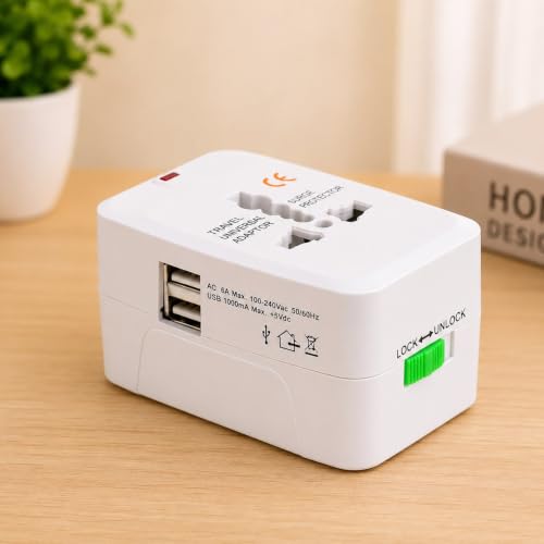 Image of Travel Universal Adaptor with Surge Protector, White, Universal Travel Adapter with Dual USB Port, Surge Protector, Multi Plug International Charger Adapter for US UK EU AU Sockets, 100-240V AC