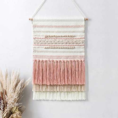 Dremisland Macrame Woven Wall Hanging Home Decor Bohemian Beige Geometric Wave Art Decor with Wool Ball and Tassle-Elegant Apartment Bedroom Dorm Room Door Decoration (Pink Line)
