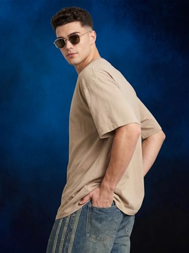 Image of Veirdo Oversized Baggy Fit Drop Shoulder Half Sleeves Round Neck Solid Pure 100% Cotton T-Shirt for Men (Available in White, Black, Mustard, Maroon, Green, Lilac, Navy, Red Color)
