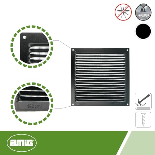 Amig - Quadratisches Aluminiumgitter mit Insektenschutz | Lüftungsgitter für Luftauslass | Ideal für Decken in Küche und Bad | Maße 150 x 150 mm | Farbe Schwarz