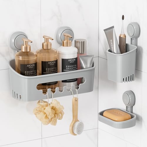 Image of LEVERLOC Shower Caddy Suction Cup Set Shower Organizer & Soap Holder & Toothbrush Holder, Bathroom Shelf Basket NO-Drilling, Removable Suction Storage Waterproof Bathroom Caddy, Gray