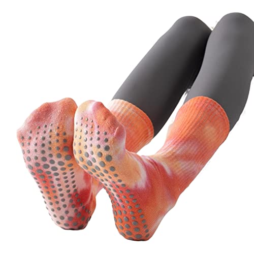 Yoga Pilates Socks With Grips For Women Non Slip Colorful Tie Dye Cushioned Crew Socks For Barre Ballet Dance (Orange) #TOP6