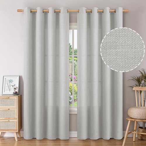 BGment Faux Linen Curtains 90 Inches Long Set of 2 Panels, Living Room Long Curtains Burlap Textured Thick Light Filtering Privacy Grommet Window Treatments, 52 x 90 Inch, Light Grey