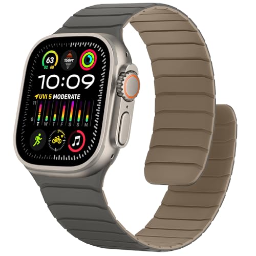 Sixmoat Magnetisches Silikon Armband Kompatibel mit Apple Watch 49mm 46mm 45mm 44mm 42mm, Wasserdichte Sport Armbänder Design für iWatch Ultra 3 2 1 SE Series 11 10 9 8 7 6 5 4 3, Grau-Kaffee