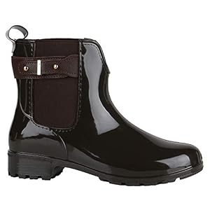 stiefelparadies Bequeme Damen Stiefeletten Gummistiefel Lack Schuhe 144486 Dunkelbraun Schnallen 37 EU Flandell
