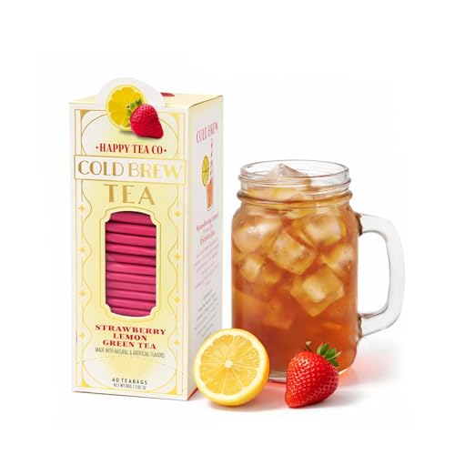 Image of Life Plus Style Gourmet Happy Tea Company Strawberry Lemon Green Tea Naturally Refreshing Cold Brew Tea Low Caffeine No Sugar Added Enjoy 40 Individually Wrapped Iced Tea Bags