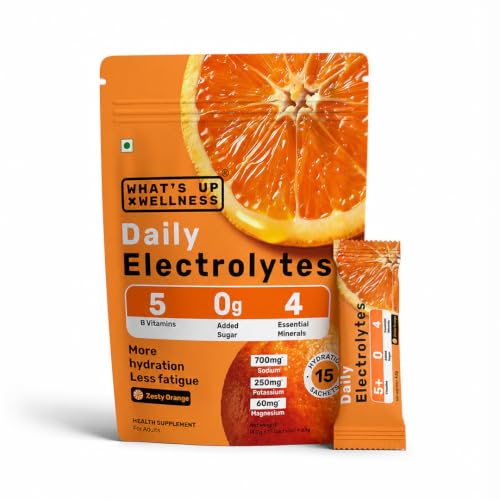 Image of What's Up Wellness Daily Electrolytes Powder - Zesty Orange Flavour | Zero Added Sugar | Instant Hydration - Sodium, Potassium, Magnesium & Zinc | Vegan | 15 Sachets