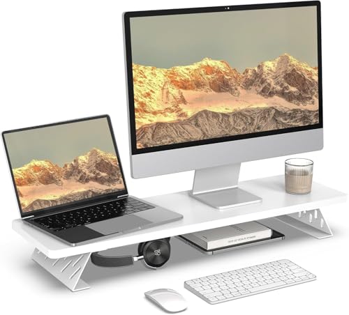 Image of 58180 Monitor Stand Riser for Desk 80cm Large Computer Monitor Stand for 2 Monitors Wooden Desk Organizer Stand for PC, Laptop, Printer, TV Screen - White base - White top