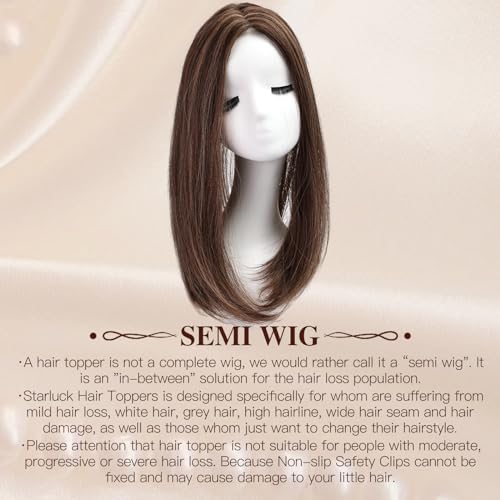 Starluck 18 Inch Chestnut Brown & Honey Blonde Hair Toppers for Women - Synthetic Hair Pieces with Swiss Base and 3 Clips