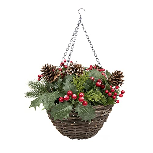 Greenbrokers Artificial Christmas Frosted Pinecone Berry Holly And Conifer Hanging Basket #TOP15