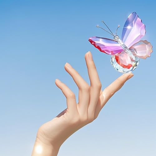 Image of Rose Red and Pink Crystal Butterfly with Ball Base Figurine Decor | Rose Red and Pink Crystal Butterfly Figurine with Ball Base Glass Animal Ornament for Home Office Desk Shelf Display