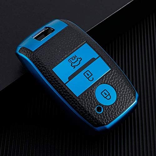 Image of JVCV Premium Soft TPU Leather Pattern Key Cover Compatible with Kia Seltos Sonet Carens 3 Button Push Start Car Key (Blue Black)