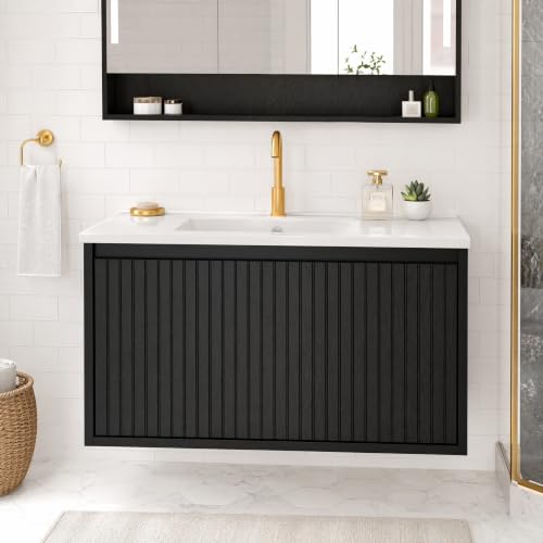 Image of 30 Inch Floating Bathroom Vanity with Ceramic Sink, Modern Striped Wall Mount Vanity Cabinet with Compartmentalized Storage Drawer, Black