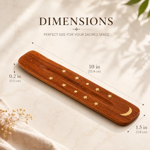 Image of Pure Source India Wooden 10 inch Incense Stick Holder with Brass Moon & Star Inlay Design - Handmade Agarbatti Stand for Home, Puja, and Meditation