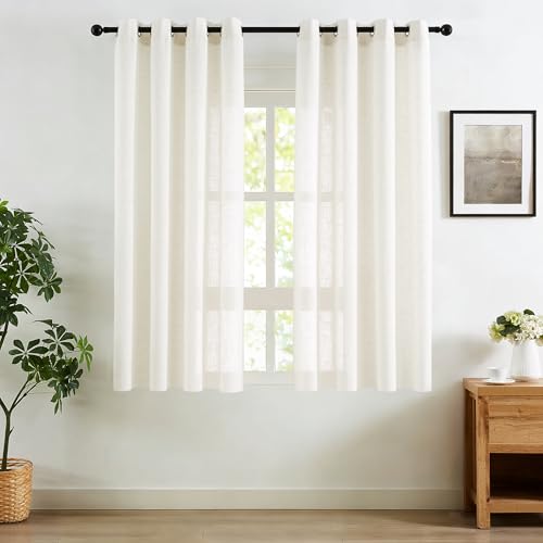 Image of Treatmentex Flax Blend Linen Semi Sheer Curtains for Bedroom 52 x 63 White Light Filtering Privacy Curtain Draprs for Office Sun Room Grommet Top 2pcs