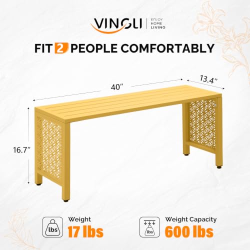 Image of VINGLI 40in Outdoor Metal Bench, All-Weathe Backless Patio Bench with Slatted Seat&Floral Side Panels, Rust-Resistant Garden Bench, Weatherproof Outdoor Seating for Porch Entryway Backyard (Yellow)