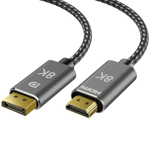 8K DisplayPort to HDMI Cable 6 ft Uni Directional DP Source to HDMI Display 8K@60Hz 4K@240Hz 2K@240HZ DisplayPort 1.4 to HDMI 2.1 Braided Cord for NVIDIA Dell AMD Lenovo HP PC Monitor