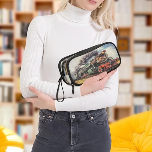 Image of Caikeny Pencil Case Steam Train Railway Station Pen Bag Truck Large Capacity Pencil Box Pen Pouch with Zipper Cosmetic Organizer for Kids Teens Adults