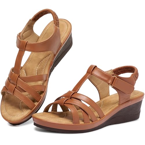 Larwen Dressy Womens Wedge Sandals: Comfort Cushioned & Non-Slip Sole for All-Day Walking - Trendy Design & Elastic Ankle Strap for Confidence Wear - Fashion Women