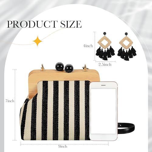 Aliceset Women's Crossbody Bag with Rattan Tassel Earrings Canvas Shoulder Kiss Lock Purse Lightweight Retro Wallet with Woven Dangle Earrings for Summer Beach2
