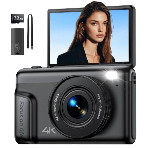 Camara De Fotos Digital 4k Compacta: 64mp Cámara Digital Con Pantalla Abatible Flip180 De 3 Vlogging Camaras Fotográfica Con 16x Zoom 32gb Tarjeta Para Niños Principiantes Adultos Estudiantes Negro