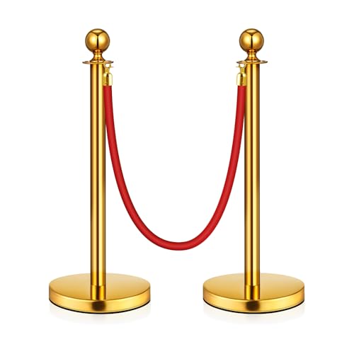2 Pack Upgraded Stainless Steel Stanchions and Velvet Ropes 5FT Extended Red Carpet Ropes Poles Crowd Control Safety Barriers Set with Stable Base for Theaters Parties Wedding Exhibition (Gold)
