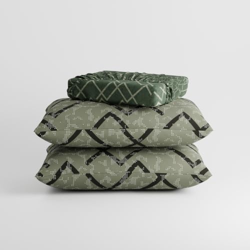 Image of Stoa Paris 100% Cotton King Size Fitted Bedsheet with 2 Pillow Covers, 180TC Printed Bedding Set, All-Season Comfort, Soft & Lightweight, Home Decor, Urbanscape - Olive Mesh (182cm x 198cm + 30cm)