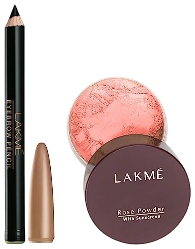 Image of LAKME Rose Loose Face Powder With Sunscreen, Warm Pink, Face Makeup For A Rosy Glow - Matte Finish For Oily Skin Control, 40 G & Eyebrow Pencil, Black, 1.2G