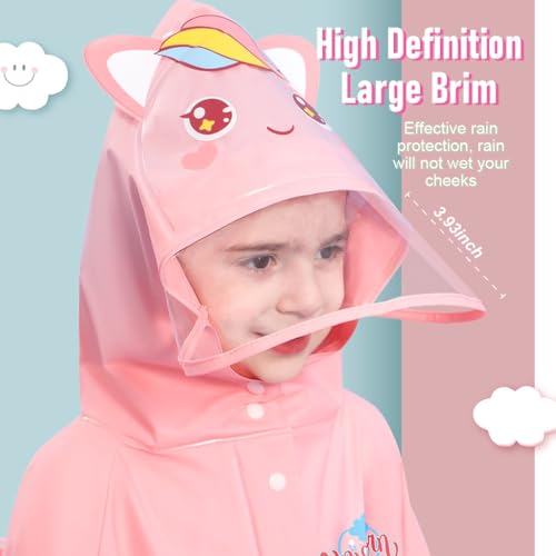 Image of SNOWIE SOFT Hooded Raincoat for Kids Wide Brim Raincoat for Kids 3-8 Years EVA Student Kids Rain Coat for Girls with School Bag Rain Cover Unicorn Print Recommended Height 80-125CM