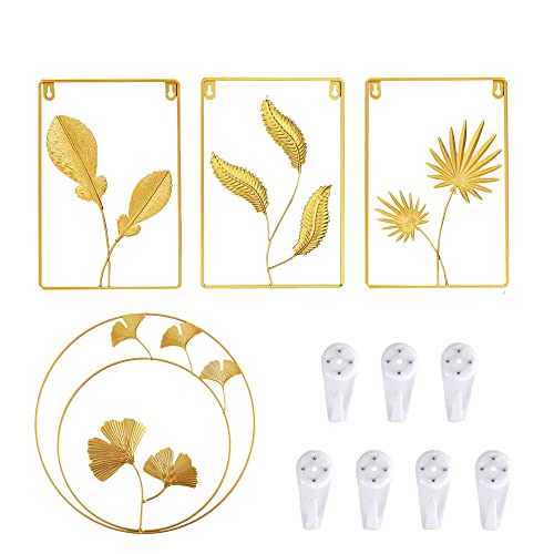Decoration Murale Or, 4 Pièces Doré Sculptures en Fer Métal Feuilles Ginkgo Feuilles Décorations Murale Tenture Murale et Paume Murale pour Bureau à Domicile Salon Décoration Dhôtel Cover