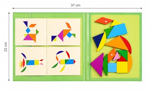 Image of Magnetic Tangram Puzzle for Kids, Wooden Educational Puzzle Toy, Toys for 4-10 Years Montessori Puzzle Game, Educational STEM Activity Book (17 pcs Tangram)