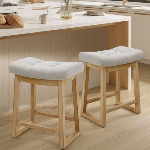 Image of Counter Height Bar Stools Set of 2, 24 Inch Backless Upholstered Counter Stools with Solid Rubberwood Legs, Modern Farmhouse Saddle Stools for Kitchen Island, Home Bar, Beige Linen Fabric