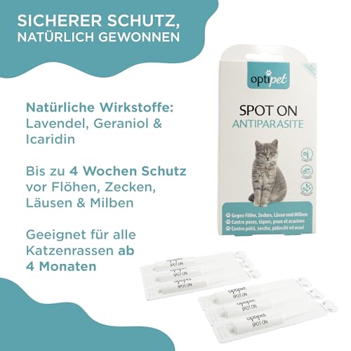 OptiPet Spot On Pipetten für Katzen 6x1ml - Hochwirksame Tropfen gegen Milben, Flöhe, Zecken & Läuse - Parasiten Abwehr Schutz bis zu 24 Wochen - Flohschutz, Zeckenschutz, Zeckenmittel für Katzen