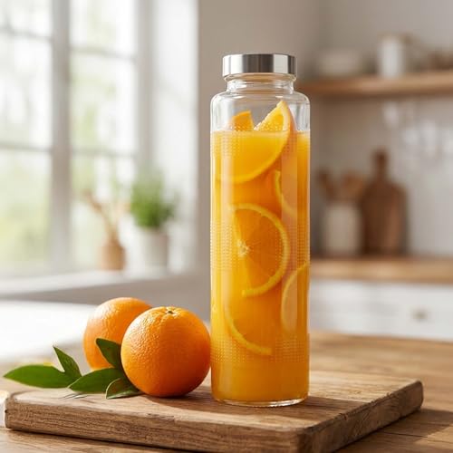 Image of Glass Water Bottle | Round 750 ml | Leak Proof Cap | Food Grade Transparent Glass Bottle For Fridge, Milk, Smoothie and Juice | Travel Water Bottle | Pack Of 6
