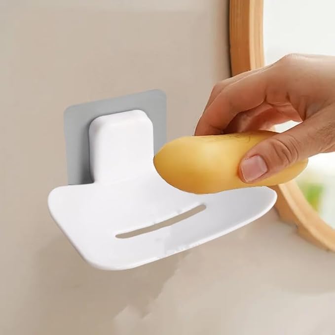Image of Self-Adhesive Soap Holder for Bathroom (Pack of 2) Wall Mounted No-Drill Soap Stand with Water Drainage | Strong Sticker Plastic Soap Dish for Wash Basin & Kitchen (2, PS Soap Dish White)