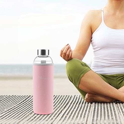 RYACO Borosilicate Glass Water Bottle 550ml BPA-Free Leak Proof Ideal for School Home Office Travel Sport Yoga Gym Hot Cold Drinks with Portable Neoprene Carrying Sleeve and Sponge Brush