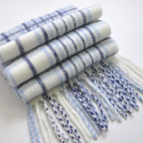 GXIHOUSLGC Winter Women Warm Cashmere Scarf Long Shawl Large Scarves Cold Weather Thick Tassel Blanket Scarfs Colorful Plaid (Plaid-Light Blue) - image 4