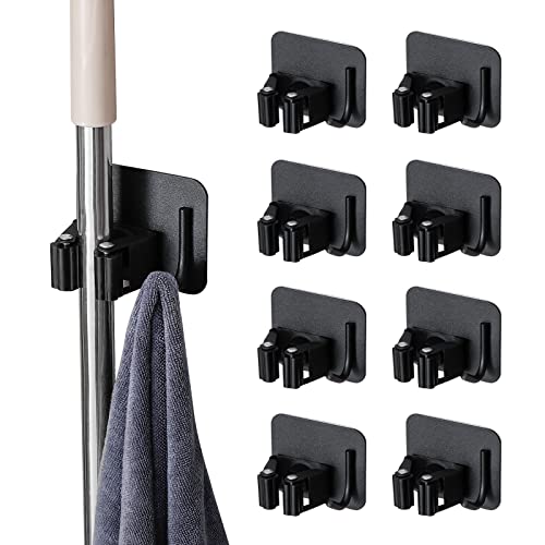 8 Pièces Porte Balai, Auto Adhésif Accroche Balai Mural sans Perçage, Mop Support avec Crochets pour Cuisine Salle de Bain Jardin Noir