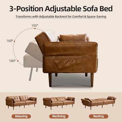 Image of HALLYBEE 85 inch Futon Sofa Bed, Sleeper Sofa, Small Couch with Storage Adjustable Armrests Pillows, Faux Leather Loveseat, Mid Century Modern Couches for Living Room, Bedroom, Apartment, Brown
