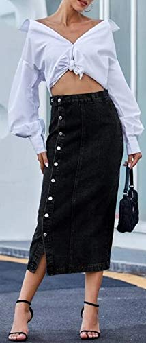 Elstaroa Women's Casual High Waisted Solid Button Up Denim Jean Skirt Black #TOP2