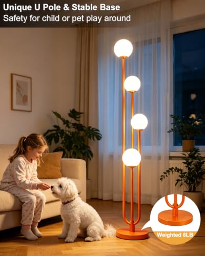 Image of Lightdot Orange Globe Floor Lamp 4-Lights Dimmable Floor Lamps with 3000K Bulbs Included Unique Mid Century Modern Tall Standing Lamp with 5Lbs Heavy Base for Living Room /Bedroom /Sofa Beside