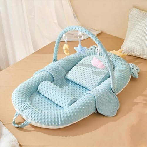 Dtnw ベビーベッド 新生児 添い寝ベッド 折りたたみ式 乳幼児用ベッド ベッドインベッド 軽量 寝返り防止 ミニ コンパクト 転落防止 洗濯可能 嘔吐防止パッド おもちゃラック付き 出産祝い (ブルー,シングルベッド + スロープマット + おもちゃラ