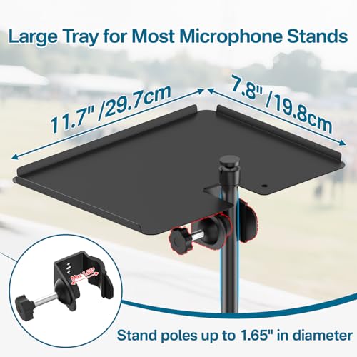 Chunxiao Metal Microphone Stand Tray with Mic Stand Phone Holder - 11.7" x 7.8" Functional Large Mic Stand Tray Shelf for Studio, Concert, Karaoke Clamp on Music Stand Shlef Attachment