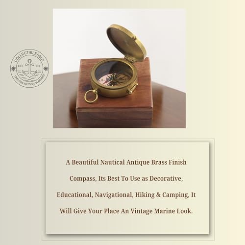 Brújula magnética de latón sólido con caja de madera estilo antiguo, decorativa náutica con dial de cobre grabado miniatura 6
