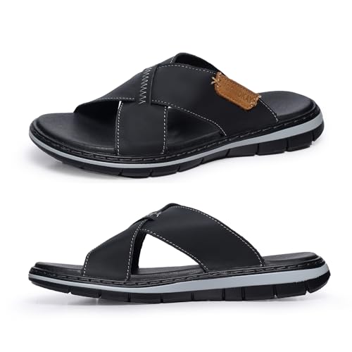 Image of MGGMOKAY Mens Cross Slides Sandals Summer Leather Slipper Anti-Slip Comfortable Sandals